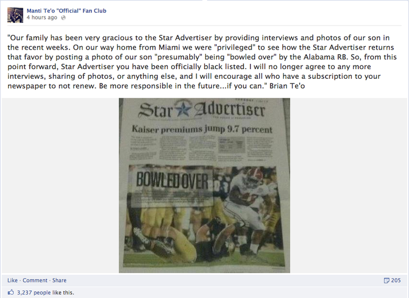Illustration for article titled Manti Te'o's Father Wants You To Unsubscribe From The Honolulu Star-Advertiser Because It Printed A Picture Of His Son Missing A Tackle
